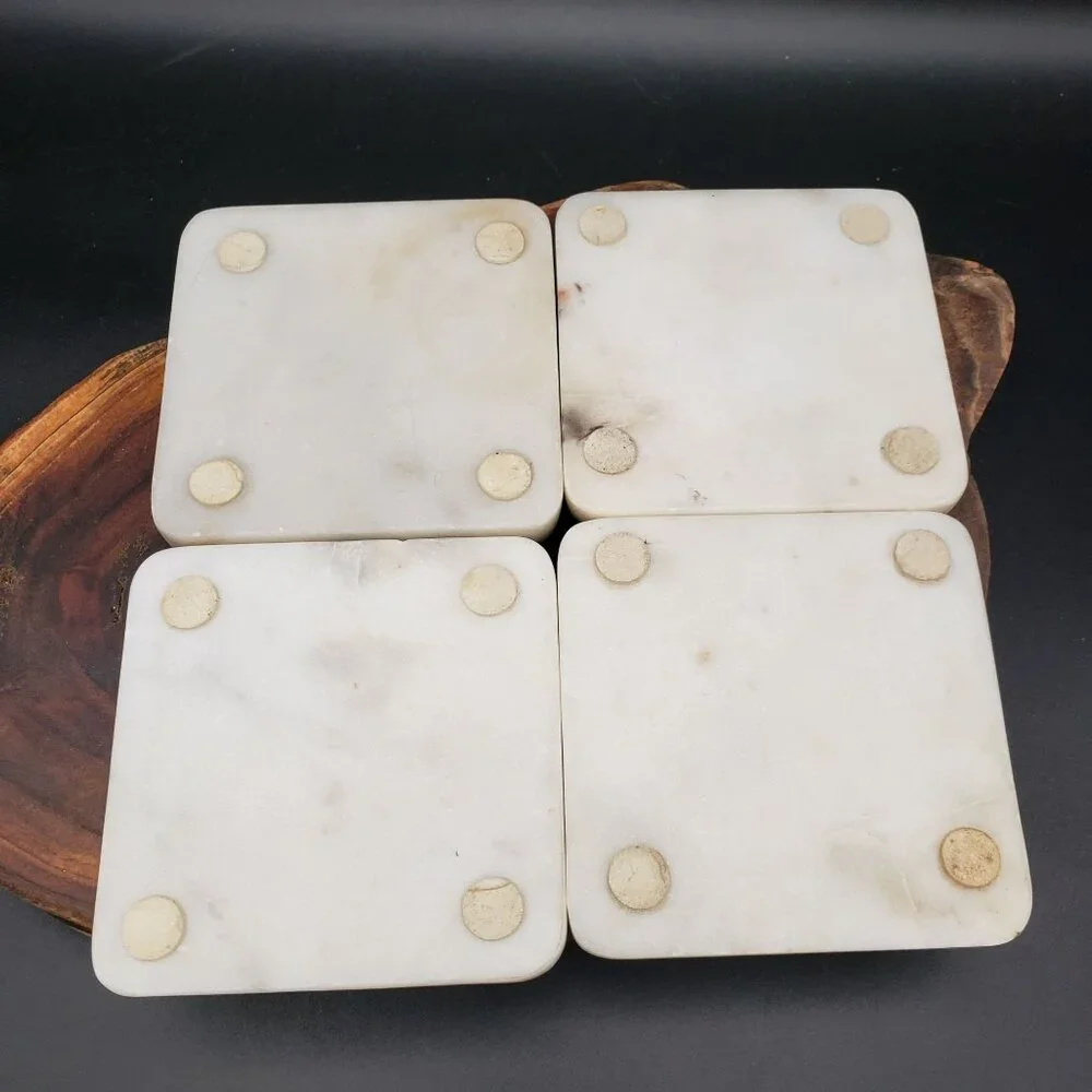 Vintage White Marble Coasters w Brass Inlay Lines 4